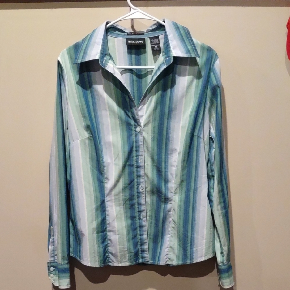 New York & Company Striped Green Blue Button Down Shirt